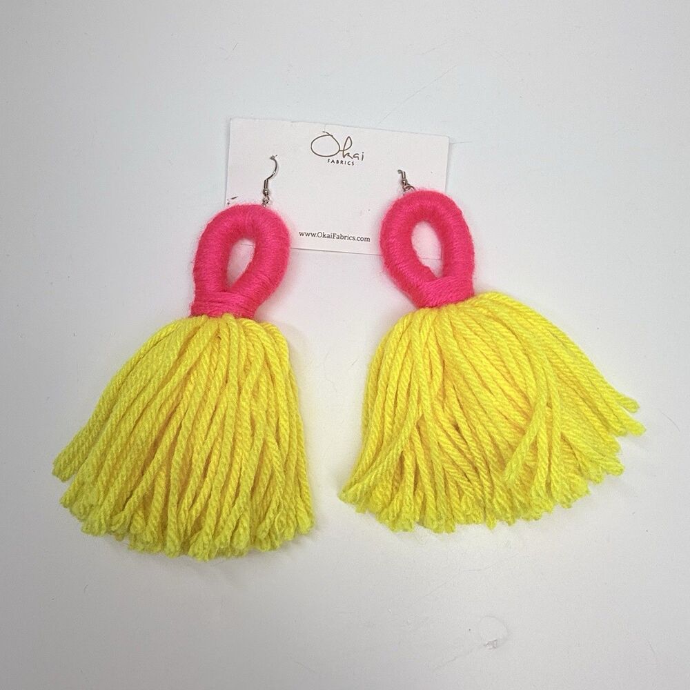 Handmade Neon Yellow And Pink Yarn Tassel Extra Large Earrings New